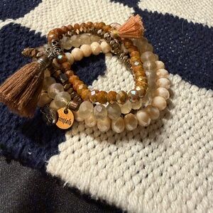 Erimish Brown and Cream Stacked Beaded Bracelet Set with Tassels